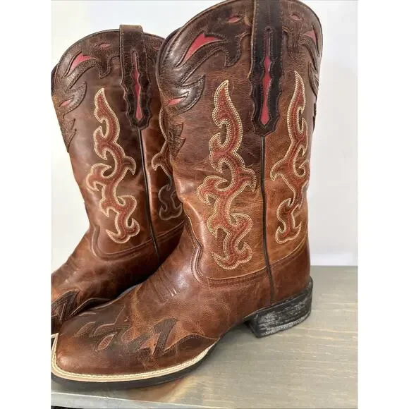 Ariat 10010937 Brown Leather Square Toe Cowboy Boots ATS . Men's Size 9 C EUC
